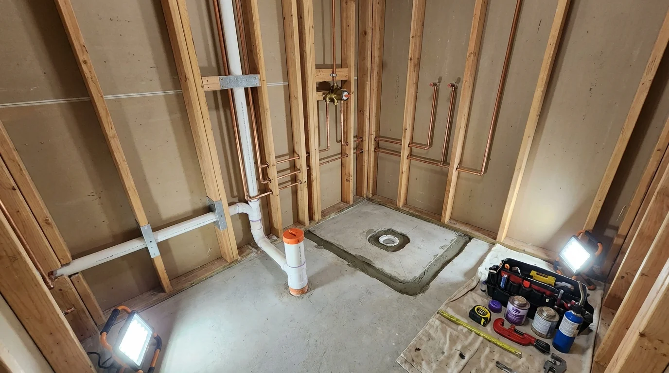 Bathroom rough-in plumbing during remodel by Johns Plumbing LLC in Coleman