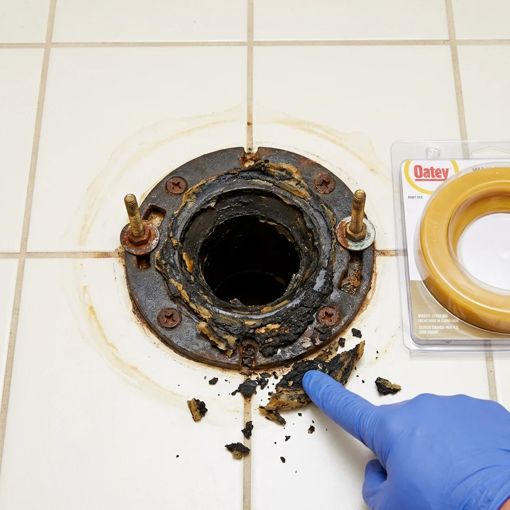Failed wax ring showing water seepage at the base of a toilet in a Coleman, MI home